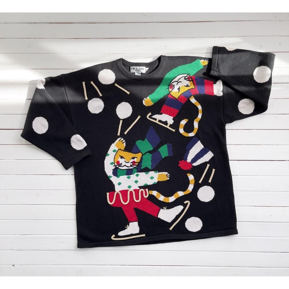 vtg Christmas ice‎ skating cats plus size black cotton sweater 2X